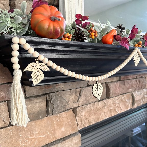 Inspired Indigo Fall Leaves Wood Bead Garland, Fireplace Mantel Decor for Autumn