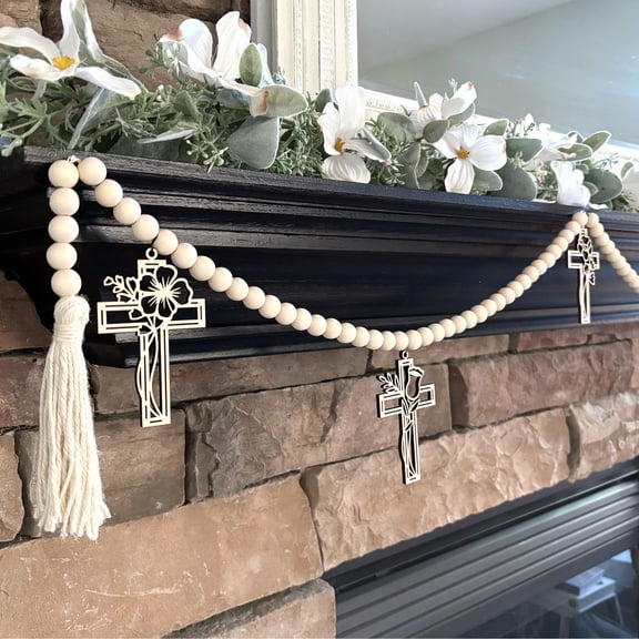 Inspired Indigo Floral Cross Wood Bead Garland, Fireplace Mantel Religious Decor for Easter, Spring