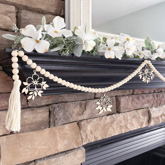 Inspired Indigo Flower Wood Bead Garland, Fireplace Mantel Decor for Spring and Summer