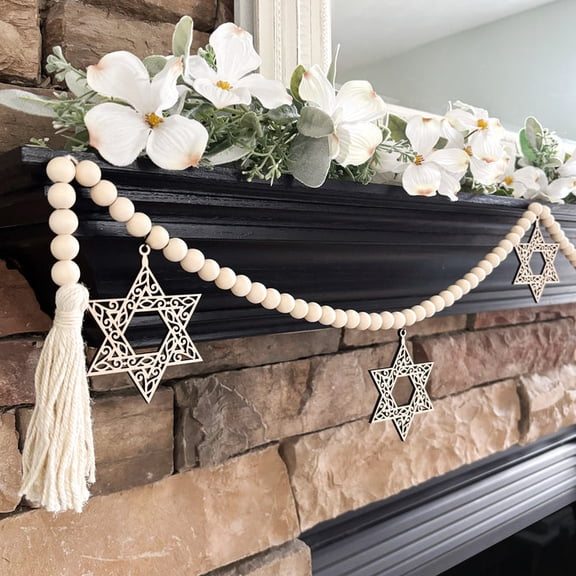Inspired Indigo Star of David Wood Bead Garland, Fireplace Mantel Decor for Hanukkah or Passover