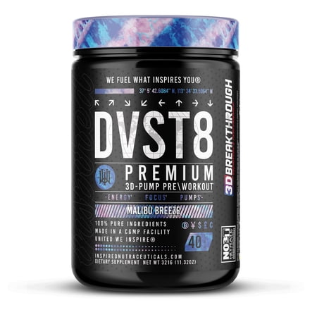 Inspired Nutraceuticals DVST8 Global Pre-Workout | First Pre-Workout to use 3D Pump Breakthrough + NO3-T Nitrate + Peak02 - Malibu Breeze, 40 Servings