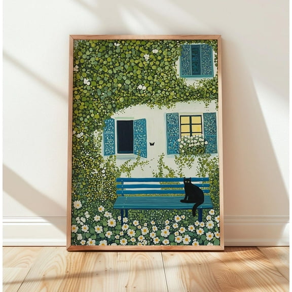 Inspired Open Window Black Cat Art Print, Home Decor, Scenic View, Stretched Canvas Size 12x18