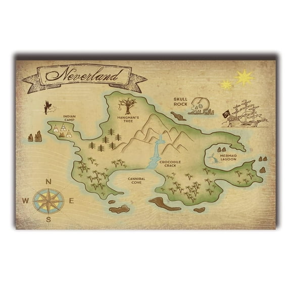 Inspired, Peter Pan, Neverland Map Poster for Home Decor Wall Art