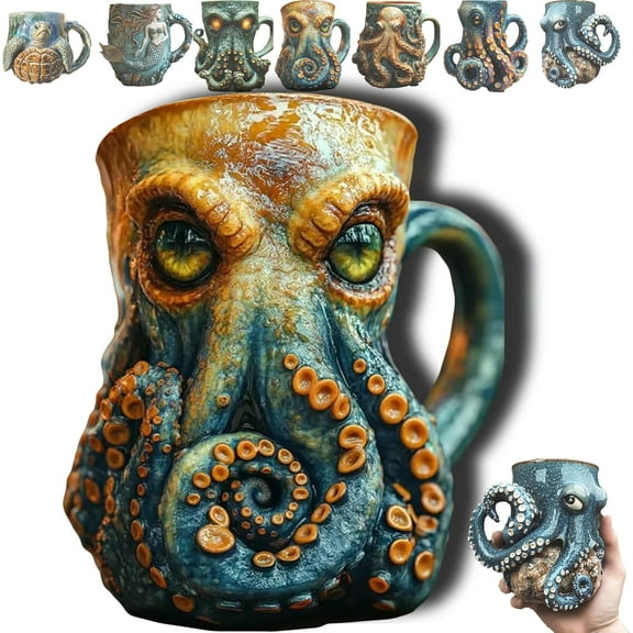 Inspired Pirate Mug, Medieval Viking Beer Mug with 3D Octopus Kraken Dragon Design, Unique Ceramic Drinkware for Home Bar, Collectors Gift for Men, Fantasy Party Decoration (D)