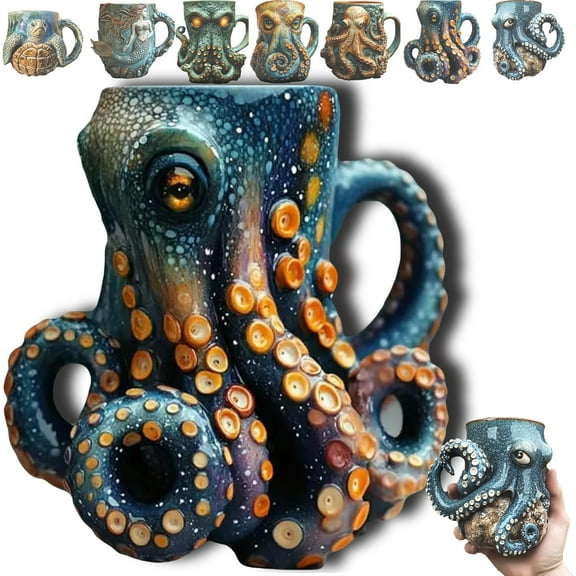 Inspired Pirate Mug, Medieval Viking Beer Mug with 3D Octopus Kraken Dragon Design, Unique Ceramic Drinkware for Home Bar, Collectors Gift for Men, Fantasy Party Decoration (D)