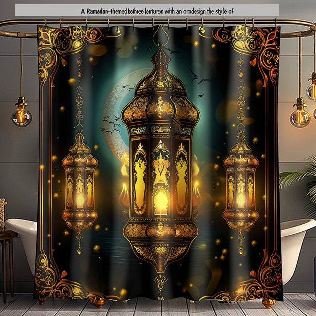 Inspired Shower Curtain Chinese Art Style Gold & Red Design Black