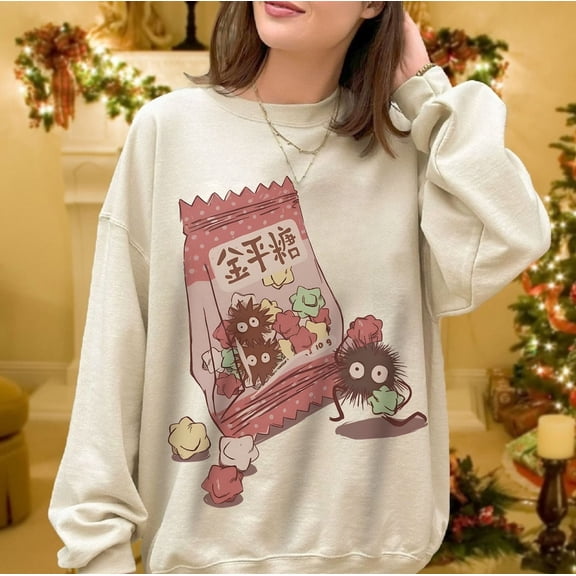 Inspired Soot Sprites Sweatshirt, Graphic Anime Tee, Snack Japanese Shirt,Sand color,size 2XL