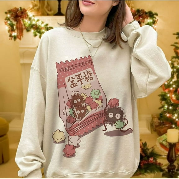 Inspired Soot Sprites Sweatshirt, Graphic Anime Tee, Snack Japanese Shirt,Sand color,size L