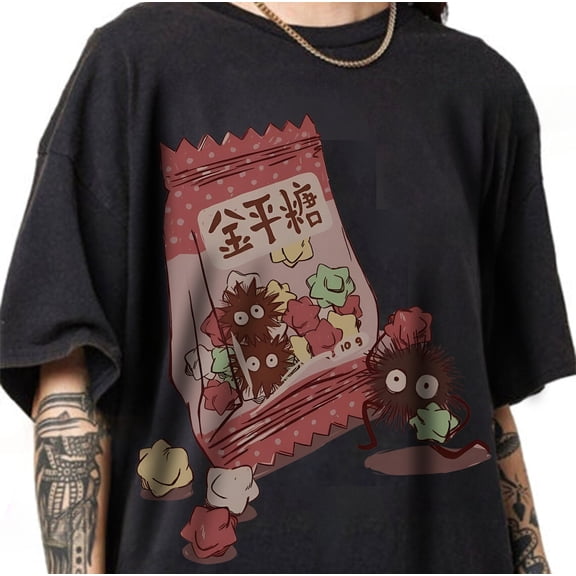 Inspired Soot Sprites T-shirt, Graphic Anime Tee, Snack Japanese Shirt,Black color,size XL
