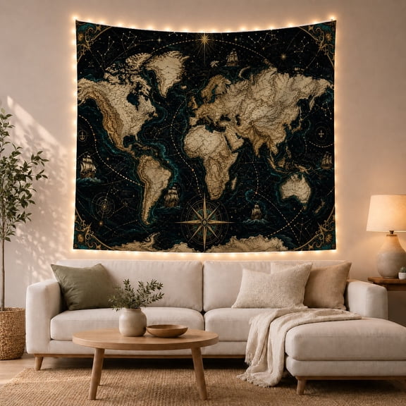 Inspired World Map With Deep Dark Teal Blends, Mystical Fantasy for Space Lovers, Galaxy Room Decor, Valentine's Day Gift, Tapestry Wall Hanging for Bedroom and Dorm