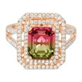 thumbnail image 1 of Inspired by You Emerald Cut Prong Set Simulated Watermelon Tourmaline and Round Cubic Zirconia Halo Cocktail Ring for Women in Rose Gold Plated 925 Sterling Silver, 1 of 4