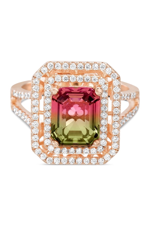 Emerald Cut Prong Set Simulated Watermelon Tourmaline and Round Cubic Zirconia Halo Cocktail Ring for Women in Rose Gold Plated 925 Sterling Silver