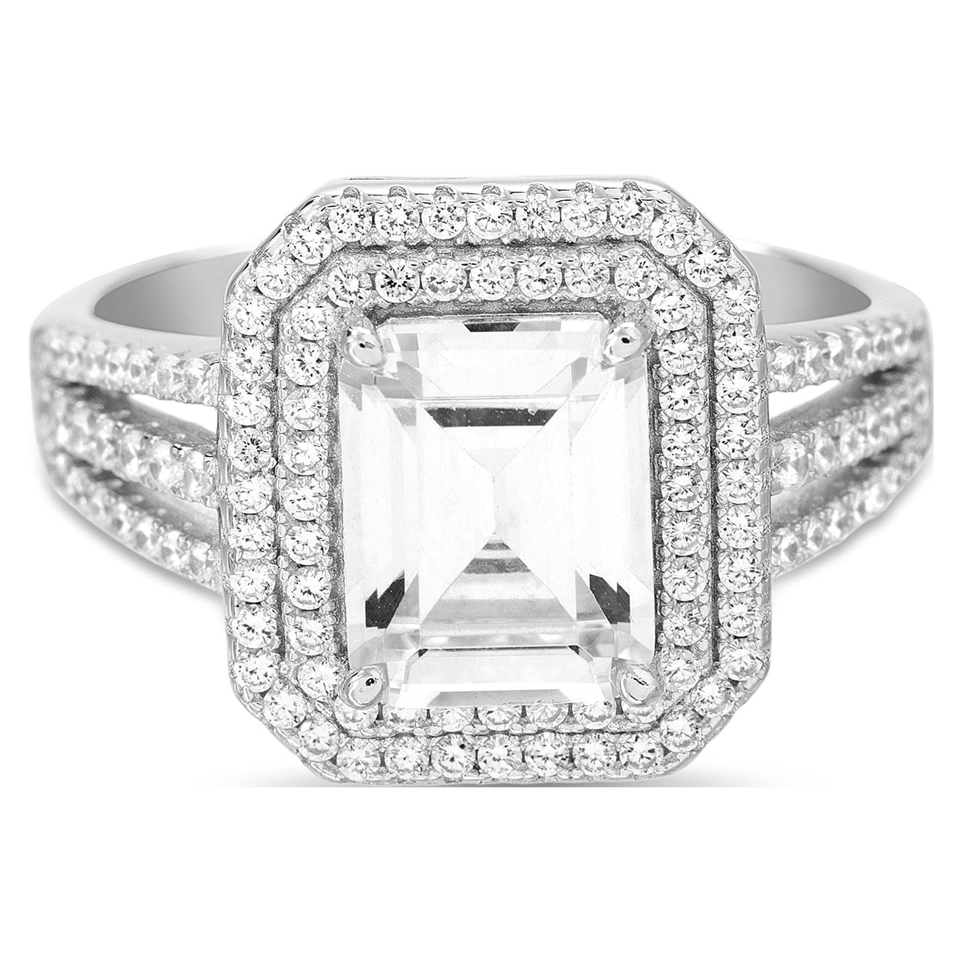 Inspired by You Emerald Cut Prong Set Cubic Zirconia Bridal Engagement Halo Ring for Women in Rhodium Plated 925 Sterling Silver