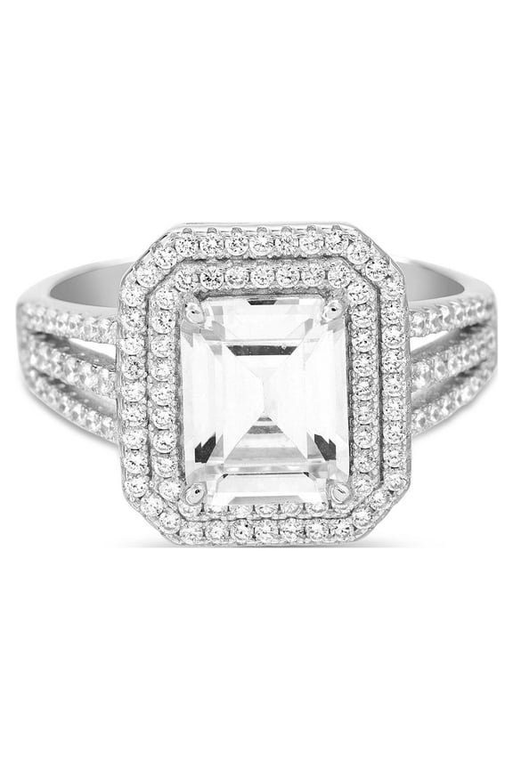 Emerald Cut Prong Set Cubic Zirconia Bridal Engagement Halo Ring for Women in Rhodium Plated 925 Sterling Silver