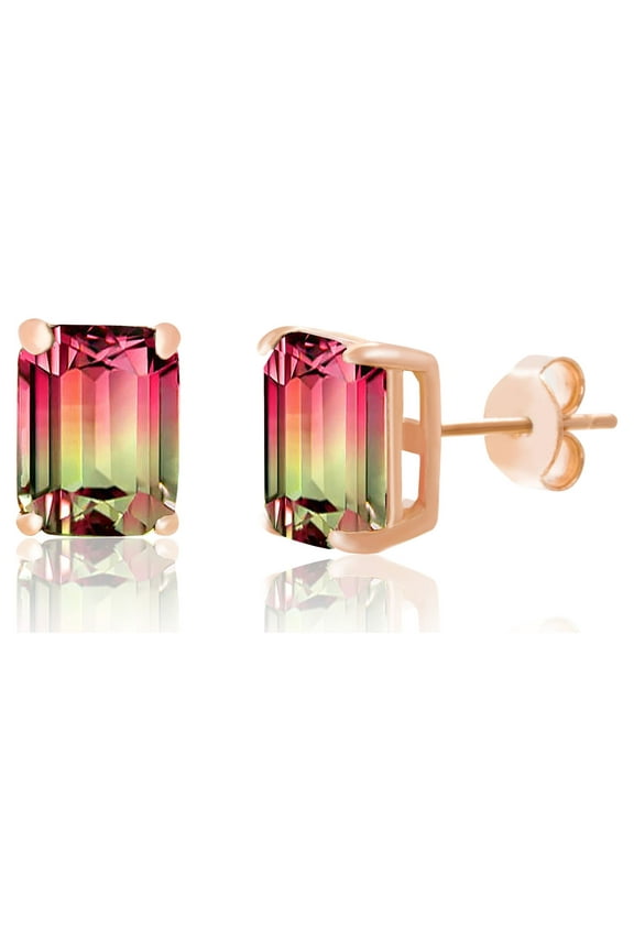 Emerald Cut Simulated Watermelon Tourmaline and Round Cubic Zirconia Stud Earring for Women in Rose Gold Plated Sterling Silver