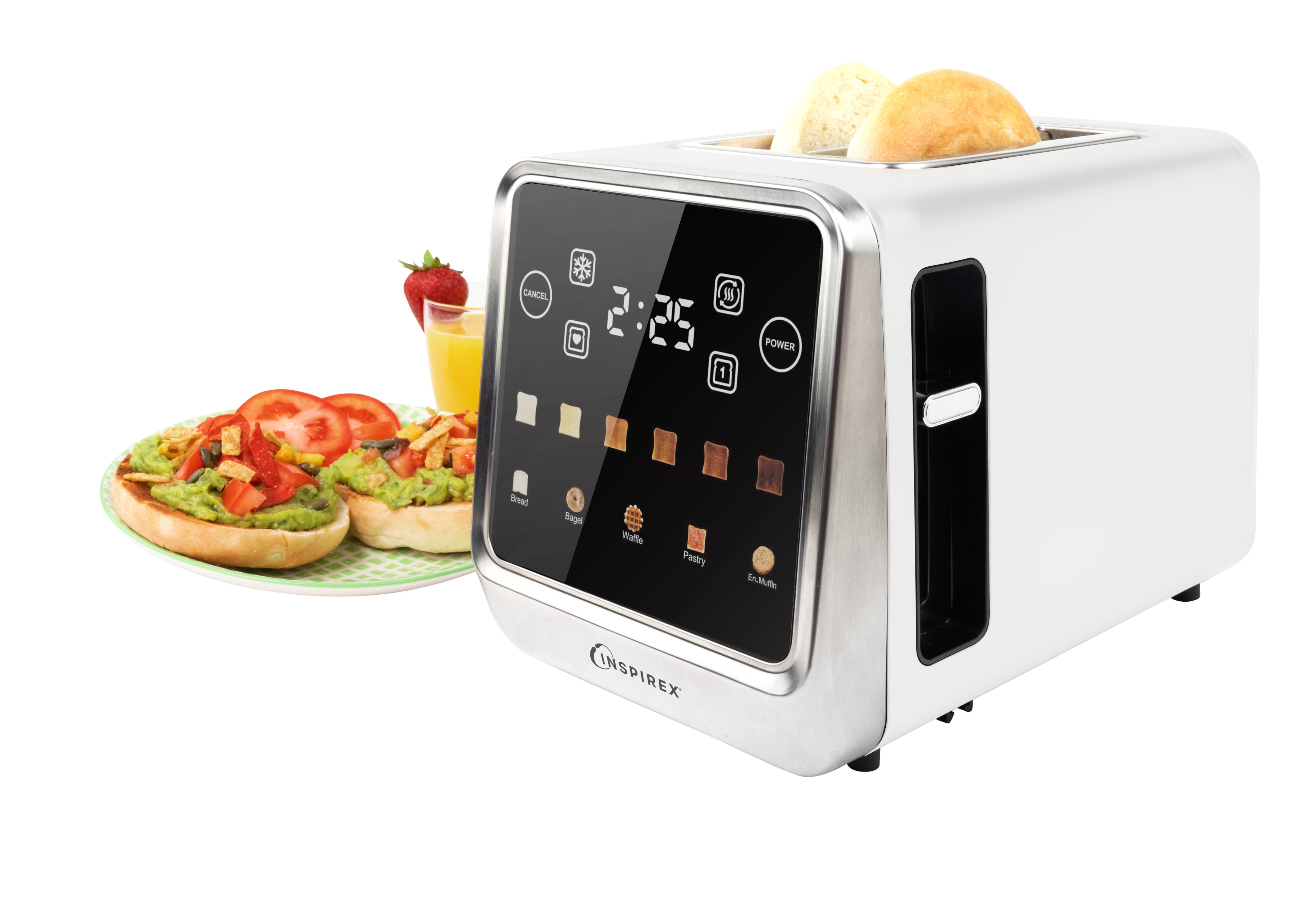 Inspirex Touch Screen Toaster - 2 Extra Wide Slots - 5 Bread Types and 6 Browning Levels - Defrost, Reheat, Favorite, & Single Slot Modes - For Toast, Bagels, & Waffles – White