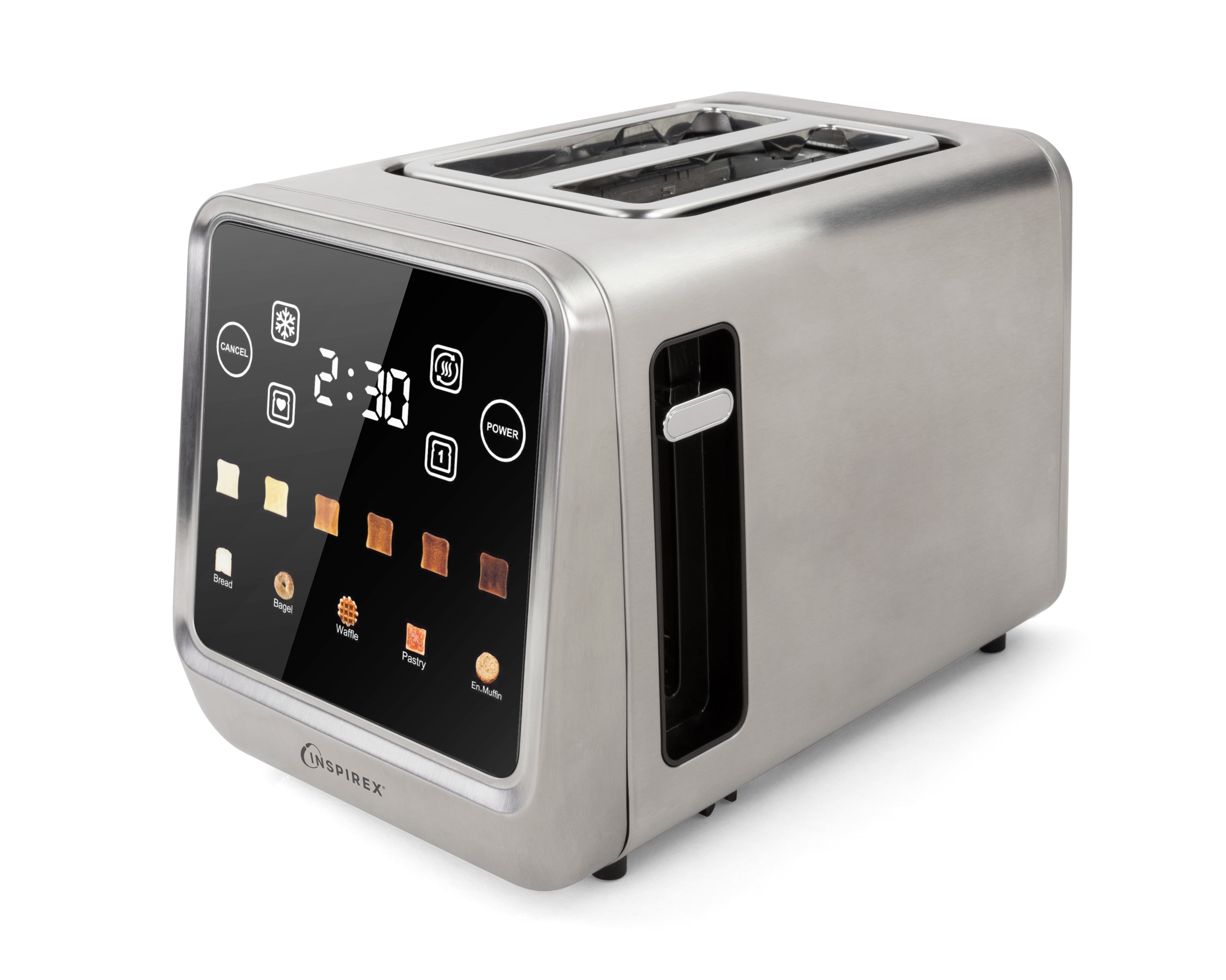 Inspirex Touch Screen Toaster - 2 Slice Extra-Wide Slots - 5 Bread Type and 6 Browning Levels - Defrost, Reheat, Favorite, Single Slot Settings - Stainless Steel