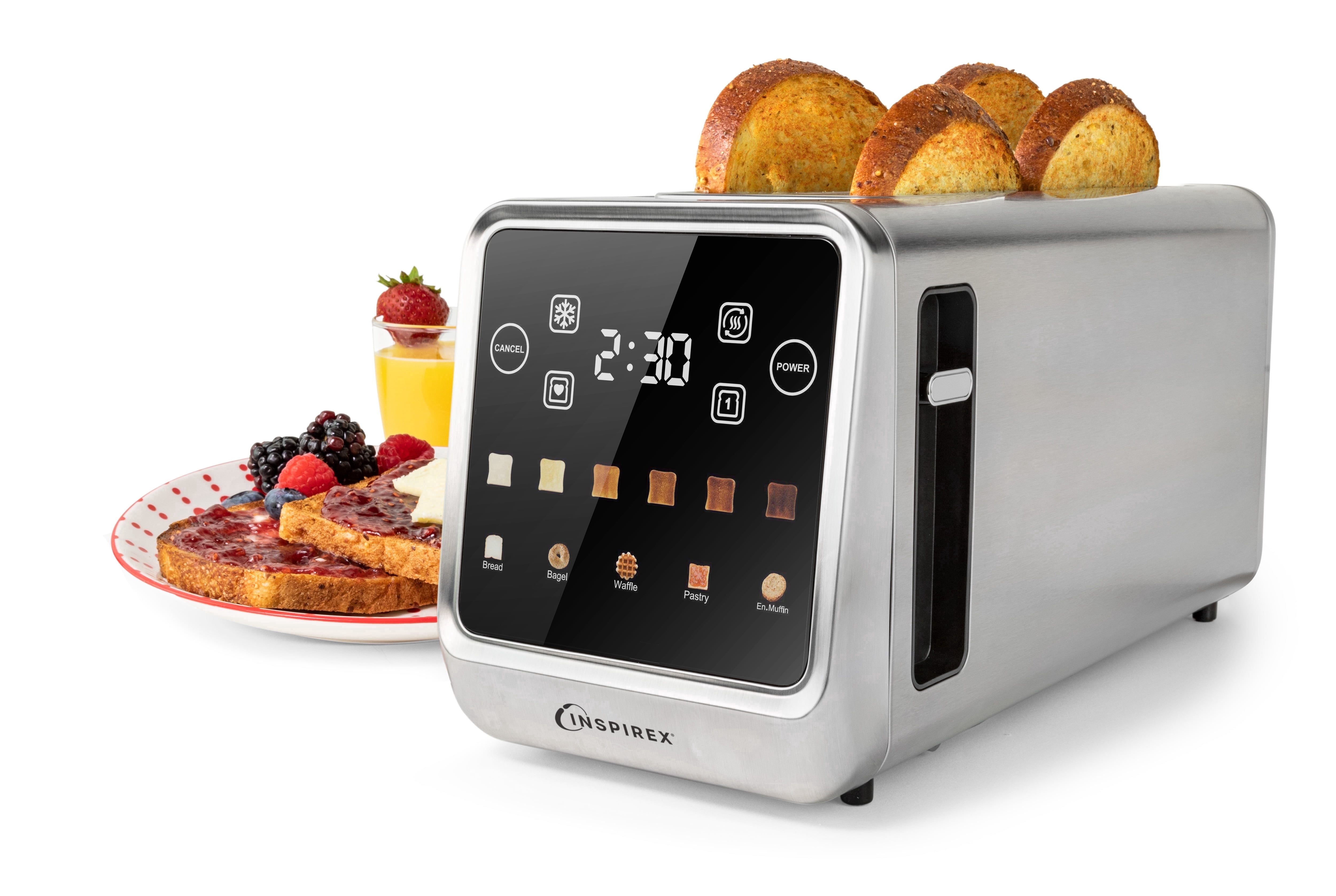Inspirex Touch Screen Toaster - 4 Slice Long Extra-Wide Slots - 5 Bread Type and 6 Browning Levels - Defrost, Reheat, Favorite, Single Slot Settings - Stainless Steel