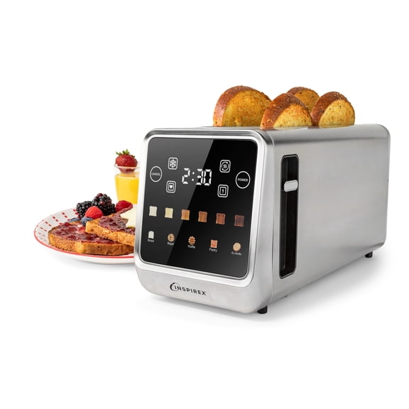 Inspirex Touch Screen Toaster - 4 Slice Long Extra-Wide Slots - 5 Bread Type and 6 Browning Levels - Defrost, Reheat, Favorite, Single Slot Settings - Stainless Steel