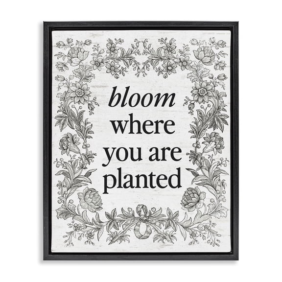 Stupell Industries Inspiring Bloom with Vintage Border Black Framed Floater Canvas Wall Art, design by Lettered and Lined, 21 x 17