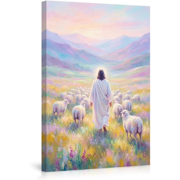 Inspiring Jesus as Good Shepherd Wall Art Poster Beautiful Pastoral Scene with Sheep Decor for Christian Home Office Spiritual Gift for Believers--