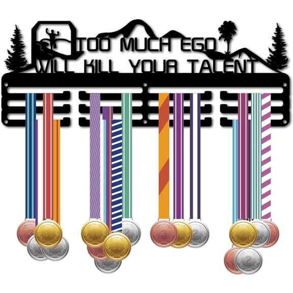 Inspiring Medal Holder Medal Hanger Display Rack Sports Metal Hanging Athlete Awards Iron Wall Mount Decor Over 60 Medals for Ribbon Medals 15.7x5.9Inch-Too Much Ego Will Kill Your Talent Black