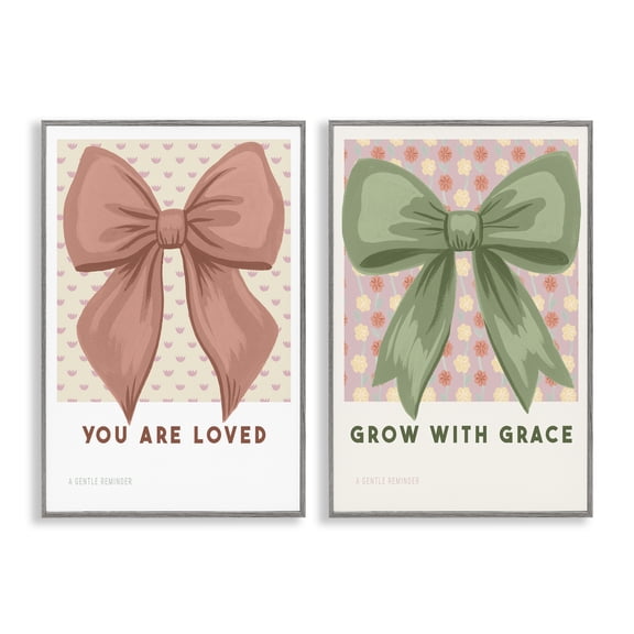 Stupell Industries Inspiring Messages Bows 2 Piece Gray Framed Giclee Art Set, design by Courtney Haley, 18 x 12