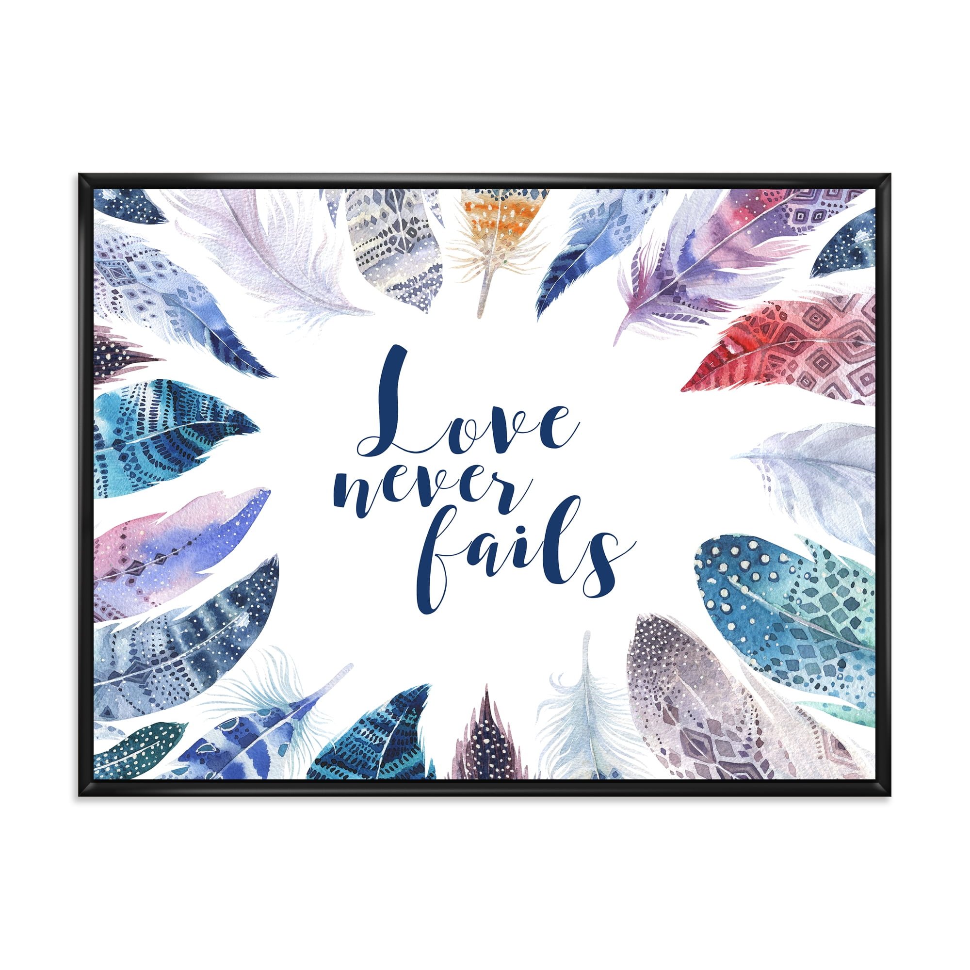 Inspiring Quote With Boho Feathers 32 in x 16 in Framed Painting Canvas Art Print, by Designart