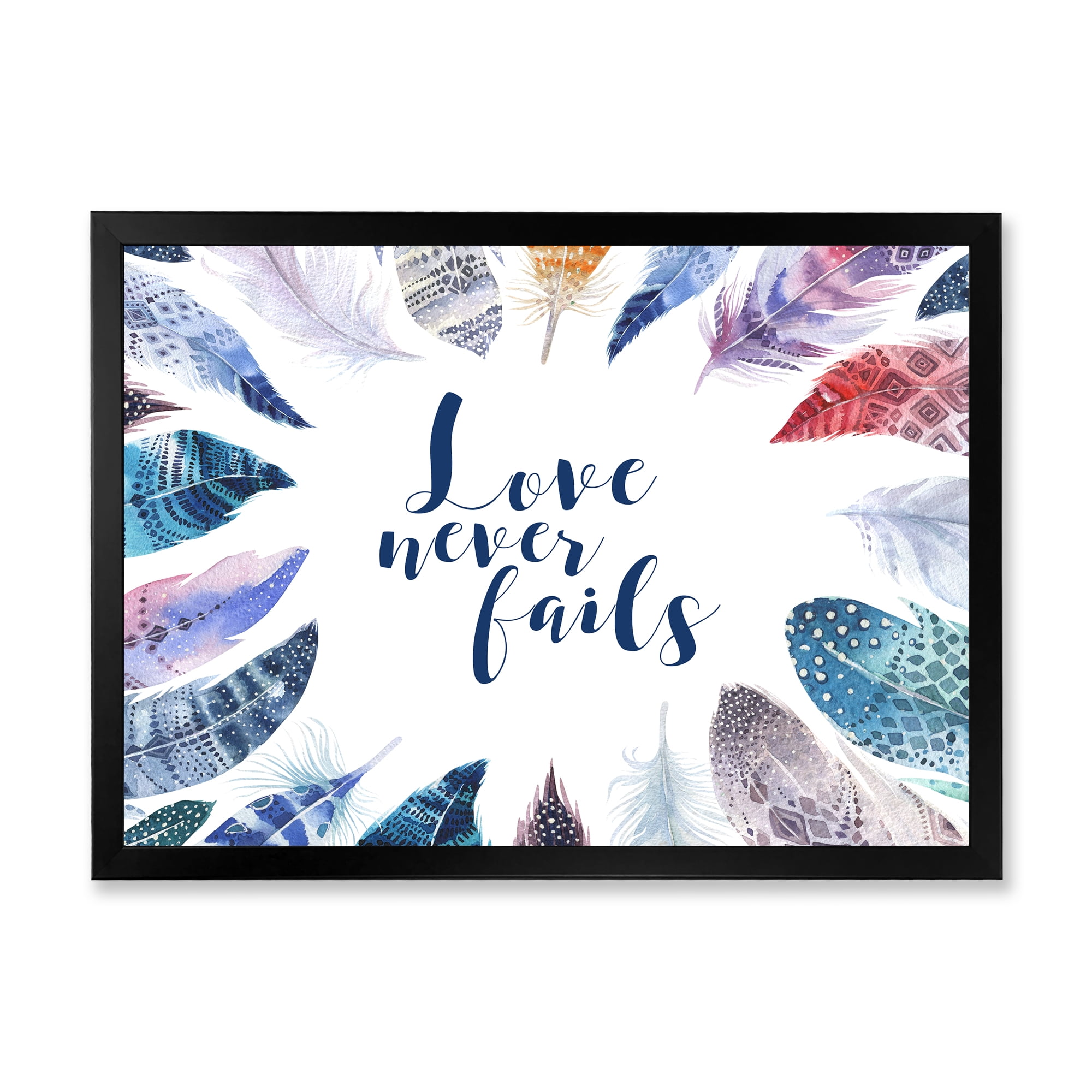 Inspiring Quote With Boho Feathers 32 in x 16 in Framed Painting Canvas Art Print, by Designart