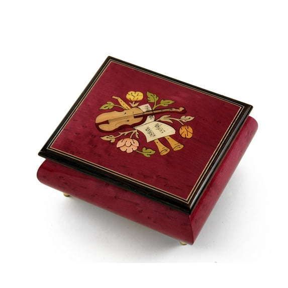 Inspiring Red Wine Music Theme with Violin Wood Inlay Music Box - What A Wonderful World