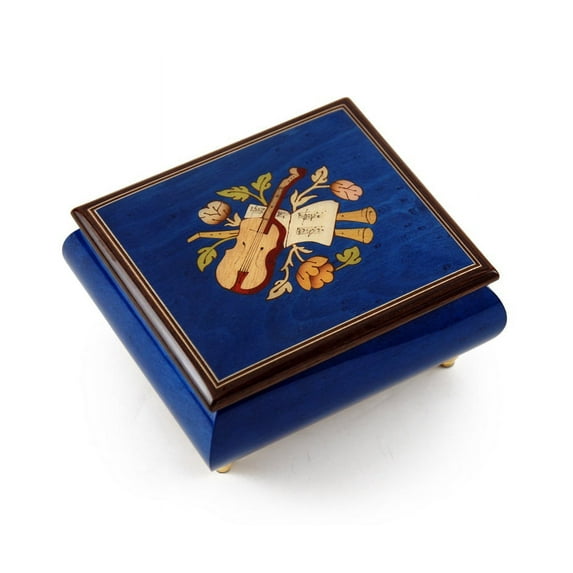 Inspiring Royal Blue Music Theme with Violin Wood Inlay Music Box - Always (Berlin)