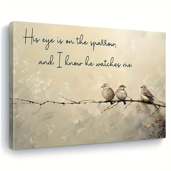 Inspiring Sparrow Canvas Wall Art with Rustic Wood Frame - "His Eye is on the Sparrow" Christian Scripture, Bird-Themed Home Decor for Living Room, Bedroom, Office - Easy Hang, Indoor Use,