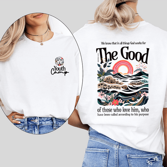 Inspiring Youth The Good Bible Verse Tshirts Romans 8:28 Scripture Graphic Tees Faith Based Religious Design Casual Tops White,L