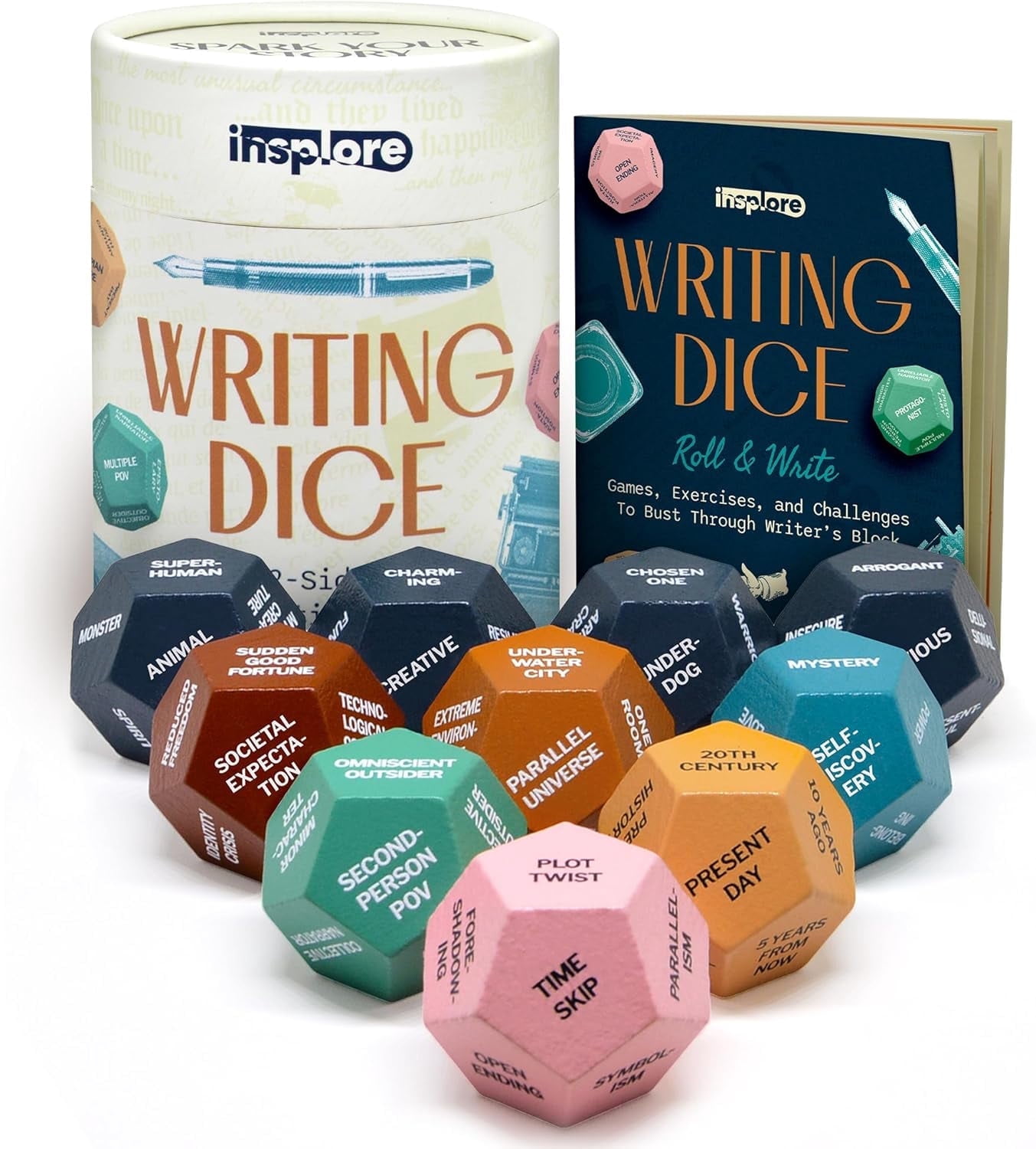 Insplore 12-Sided Writing Dice – Giftable Creative Writing Tool for Beating Writer's Block - 120 Inspiration Prompts Plus Fun Games and Challenges - Great Gift for Teen and Adult Authors