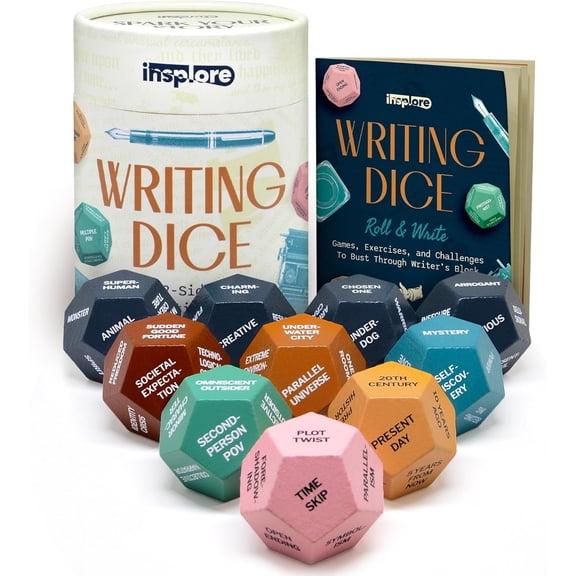 Insplore 12-Sided Writing Dice Giftable Creative Writing Tool for Beating Writer's Block - 120 Inspiration Prompts Plus Fun Games and Challenges - Great Gift for Teen and Adult Authors