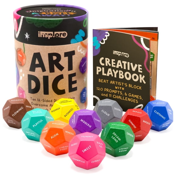 Insplore Art Dice 12-Sided Wooden Dice with 120 Prompts to Help You Decide What to Draw or Paint Creative Playbook with Games and Activities Fun, Inspiring Gift for Artists of All Levels