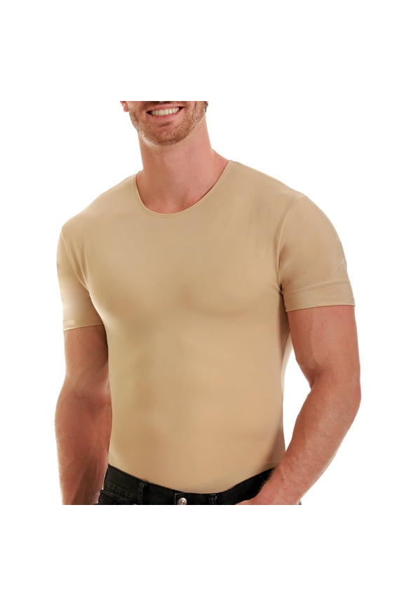 Insta Slim - Made in USA - Firm Compression Crew-Neck Shapewear for Men. Tummy Control Slimming Body Shaper Undershirt for Gynecomastia, Beer Belly & Back Support (Nude, MD)
