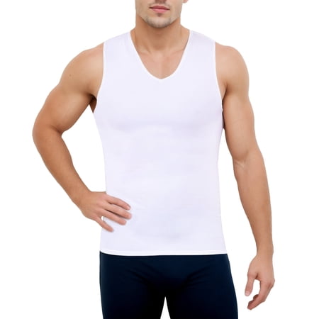 Insta Slim - Made in USA - Firm Compression Sleeveless V-Neck Body Shaper for Men. Tummy Control Slimming Shapewear Undershirt for Gynecomastia, Beer Belly & Back Support (White, LG)