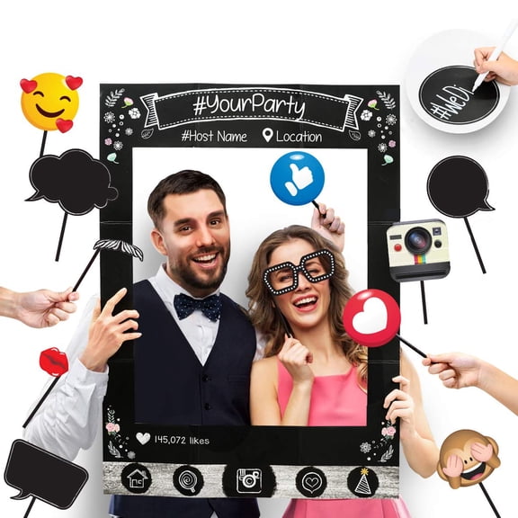 Insta-Themed Social Media Party Photo Booth Selfie Frame with Emoji & Speech Bubble Props. Great as Vintage Background Photography for Birthday, Anniversary, Wedding Event Decoration Y114