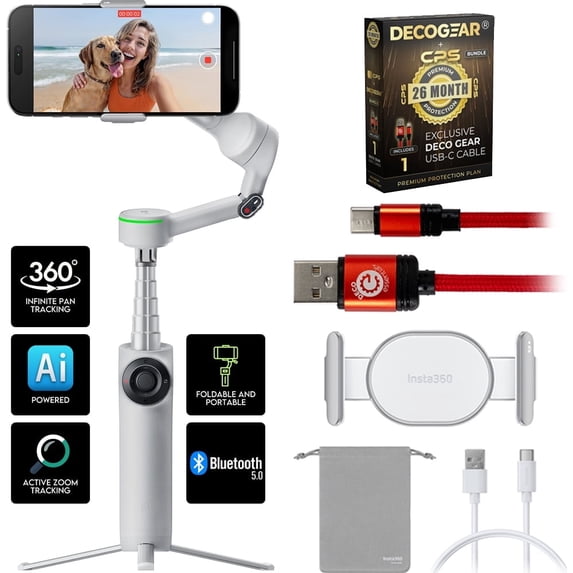 Insta360 CINSABQB_FLOW203 Flow 2 Pro AI Smartphone Gimbal Stabilizer, Grey Bundle with 6FT Braided Type-C Charge & Sync USB Cable & Deco Gear CPS Exclusive 26 Month Protection Pack (BEACH-CPS-26M250)