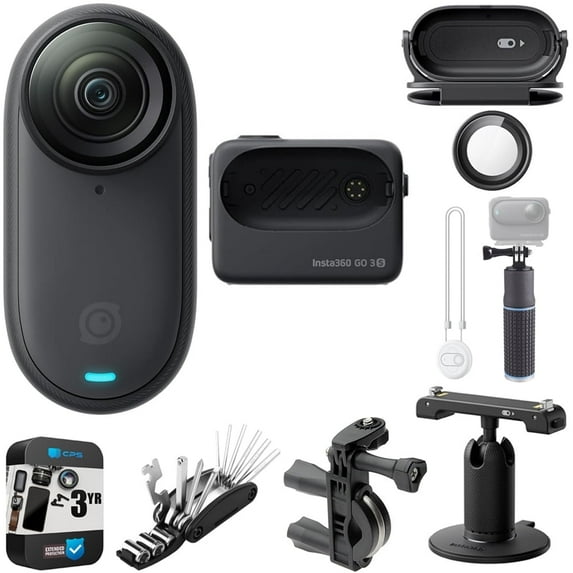 Insta360 GO 3S 128GB Waterproof Tiny Mighty 4K Action Camera, Black Bundle with 3 YR CPS Enhanced Protection Pack, Bike Handlebar Mount, Power Grip and 16-in-1 Bike Repair Tool Kit