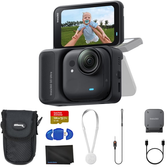 Insta360 GO Ultra Standard Bundle Midnight Black - Tiny Hands-Free 4K Cam, Lightweight & Portable, Low Light Excellence, Stabilization, 200 Min Battery Life Bundle with 128GB Memory, Case + More