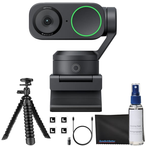 Insta360 Link 2 - PTZ 4K Webcam (Black) for PC/Mac, 1/2" Sensor, AI Tracking, HDR, AI Noise-Canceling Mic, Gesture Control for Streaming, Video Calls, Bundle with Flexible Tripod & Lens  Cleaning Kit