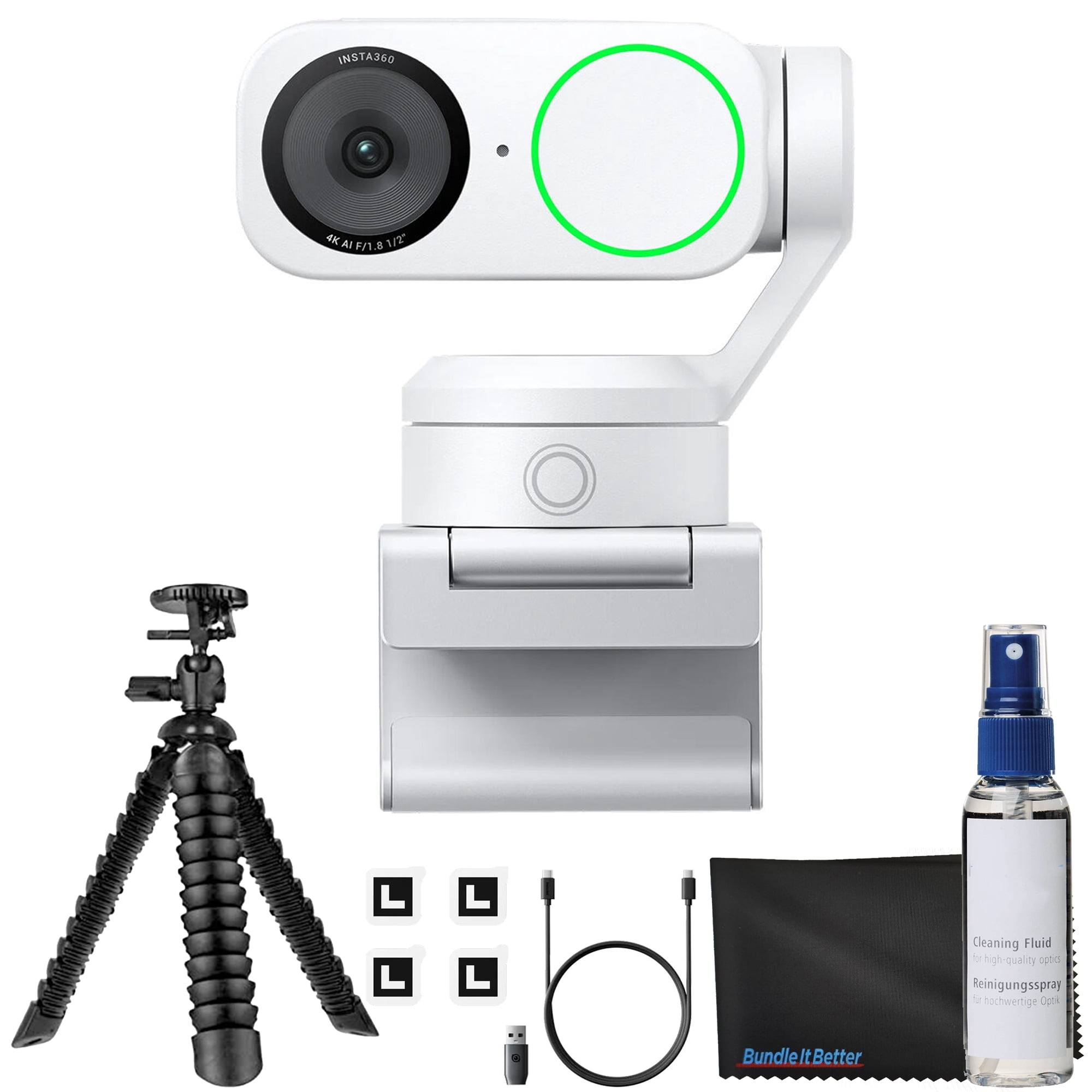 Insta360 Link 2 - PTZ 4K Webcam (White) for PC/Mac, 1/2" Sensor, AI Tracking, HDR, AI Noise-Canceling Mic, Gesture Control for Streaming, Video Calls, Gaming Bundle with Flexible Tripod & Lens Cloth