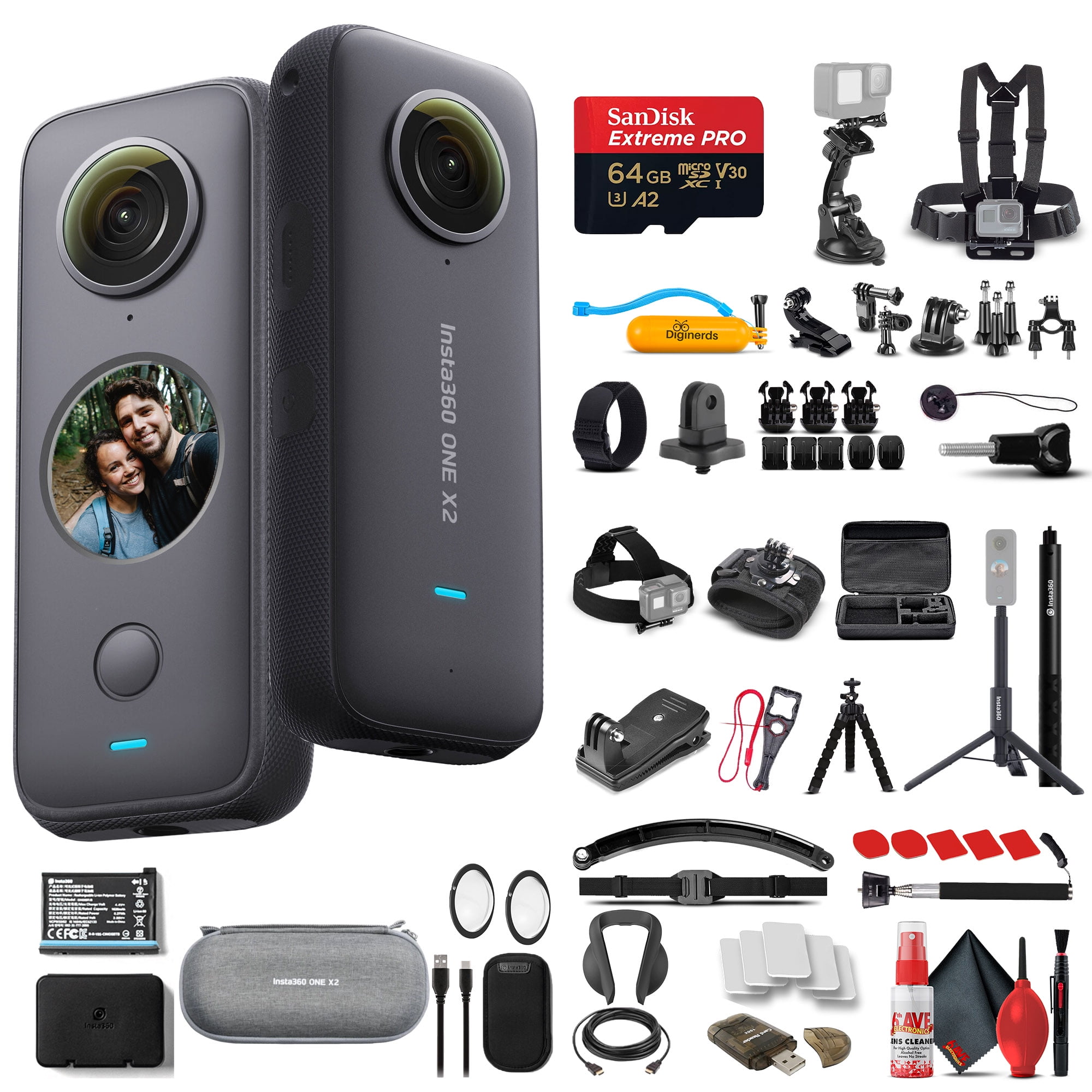 Touch 5.7K, Screen, Webcam, Action + 64GB + X2 Insta360 Live Voice Lens Card Stick Camera, 360 ONE Kit Selfie Streaming, Control + Stabilization, Waterproof More + Guards + Case Accessory + 50-in-1
