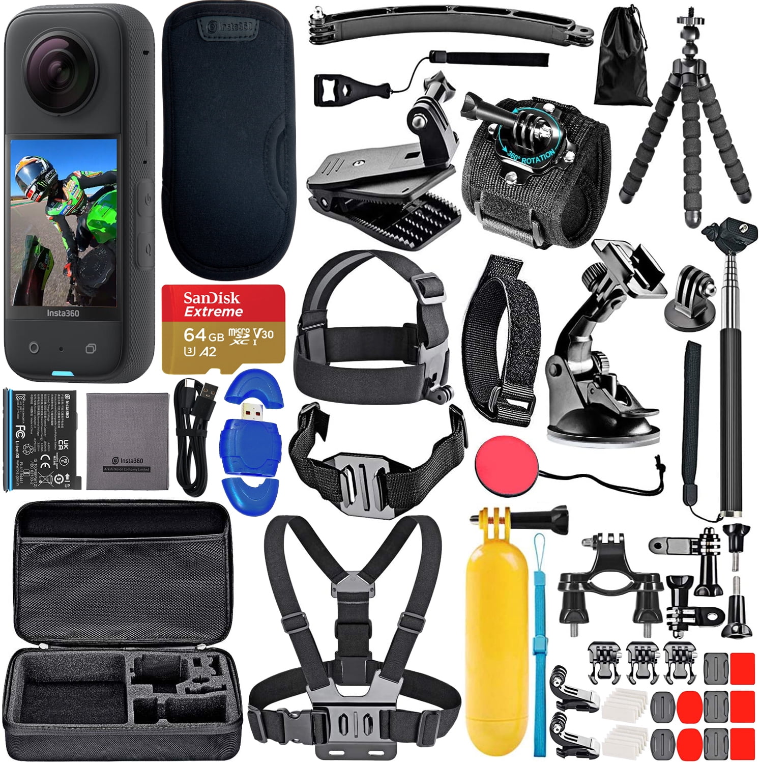 Insta360 Portable Waterproof 5.7k 48mp and 72mp with Card Reader and 50 Piece Accessory, Black