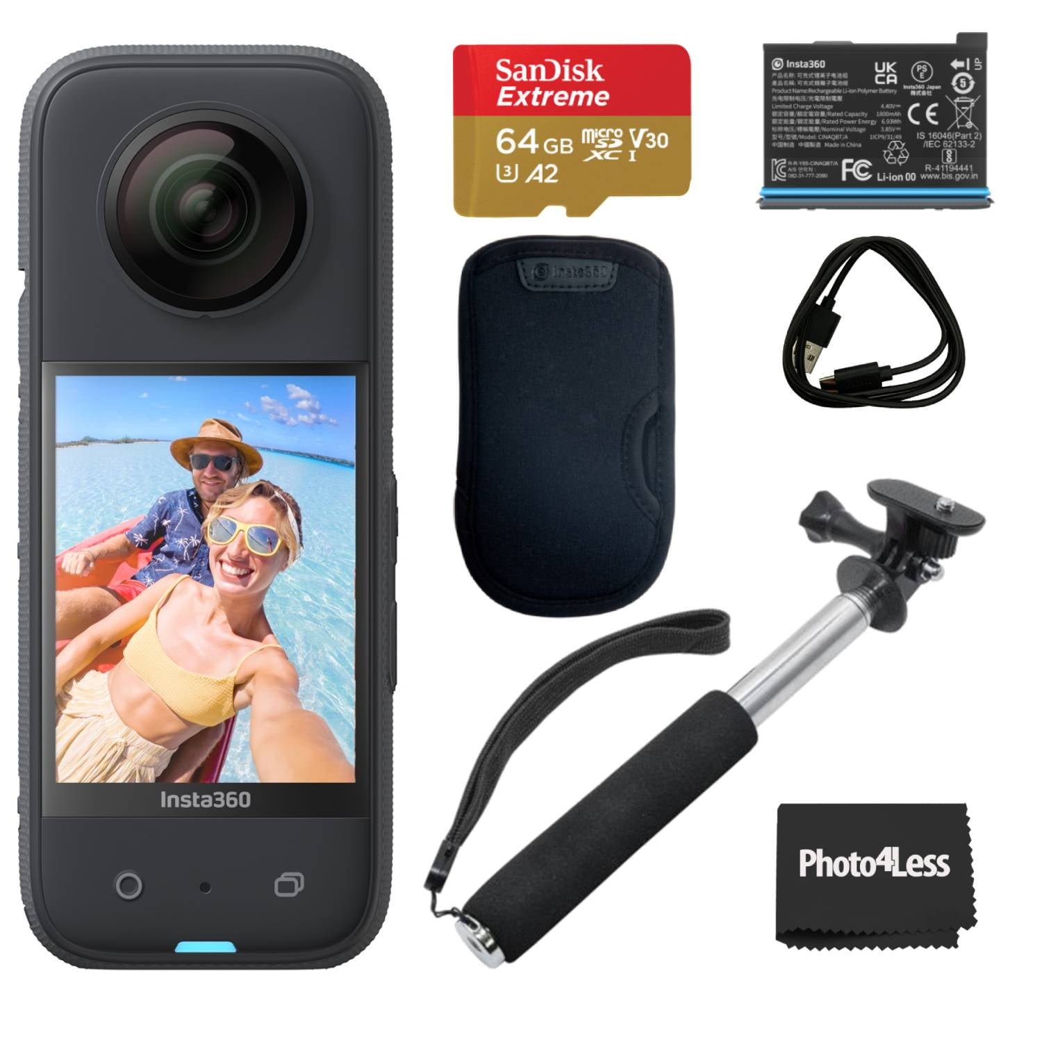 Insta360 X3 - Photo, Action 4K HDR with Active 72MP Lens + 360 Card Monopod Single 360 5.7K 64GB 1/2\