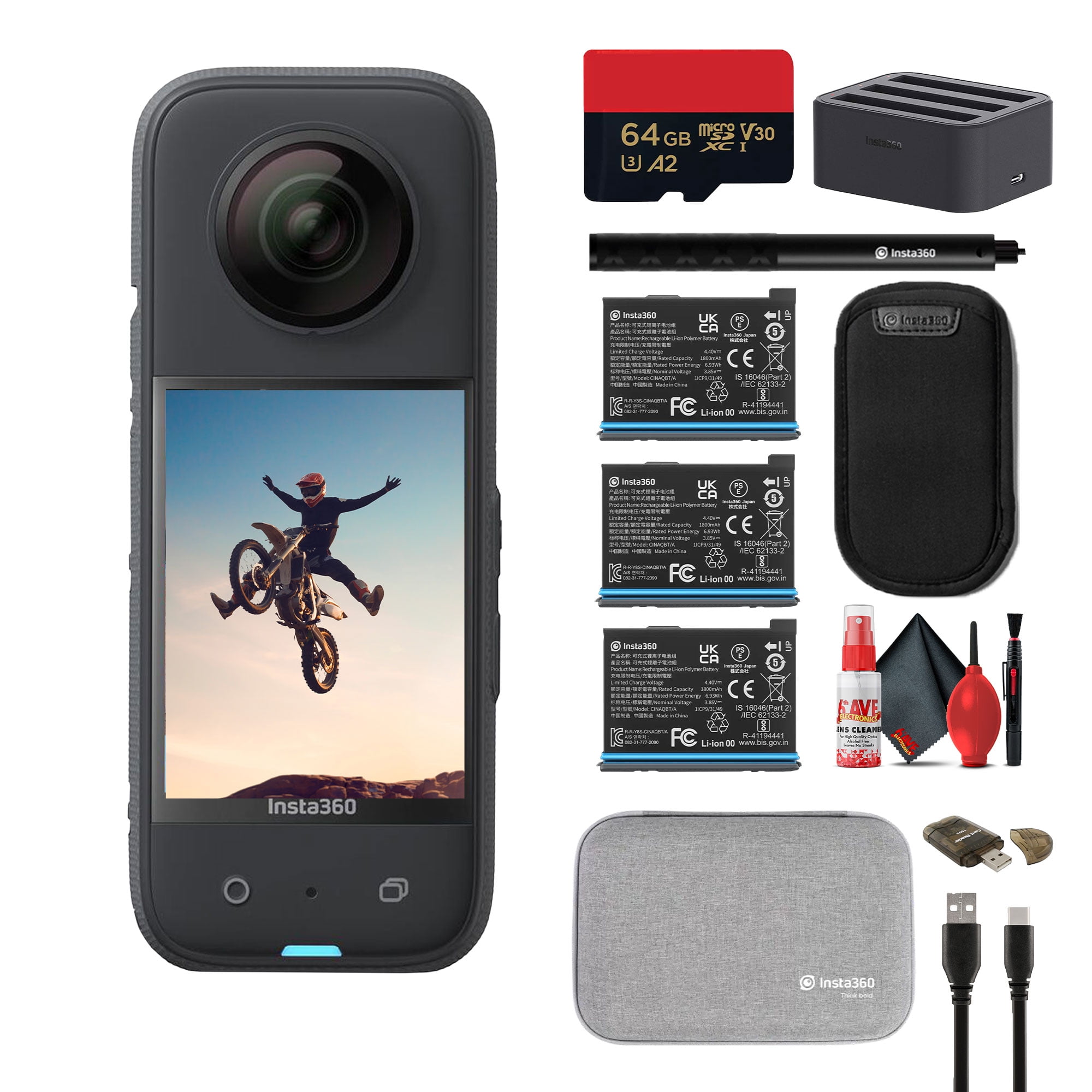 Insta360 X3 - Waterproof 360 Action Camera + 2 Extra Batteries + Charger + More