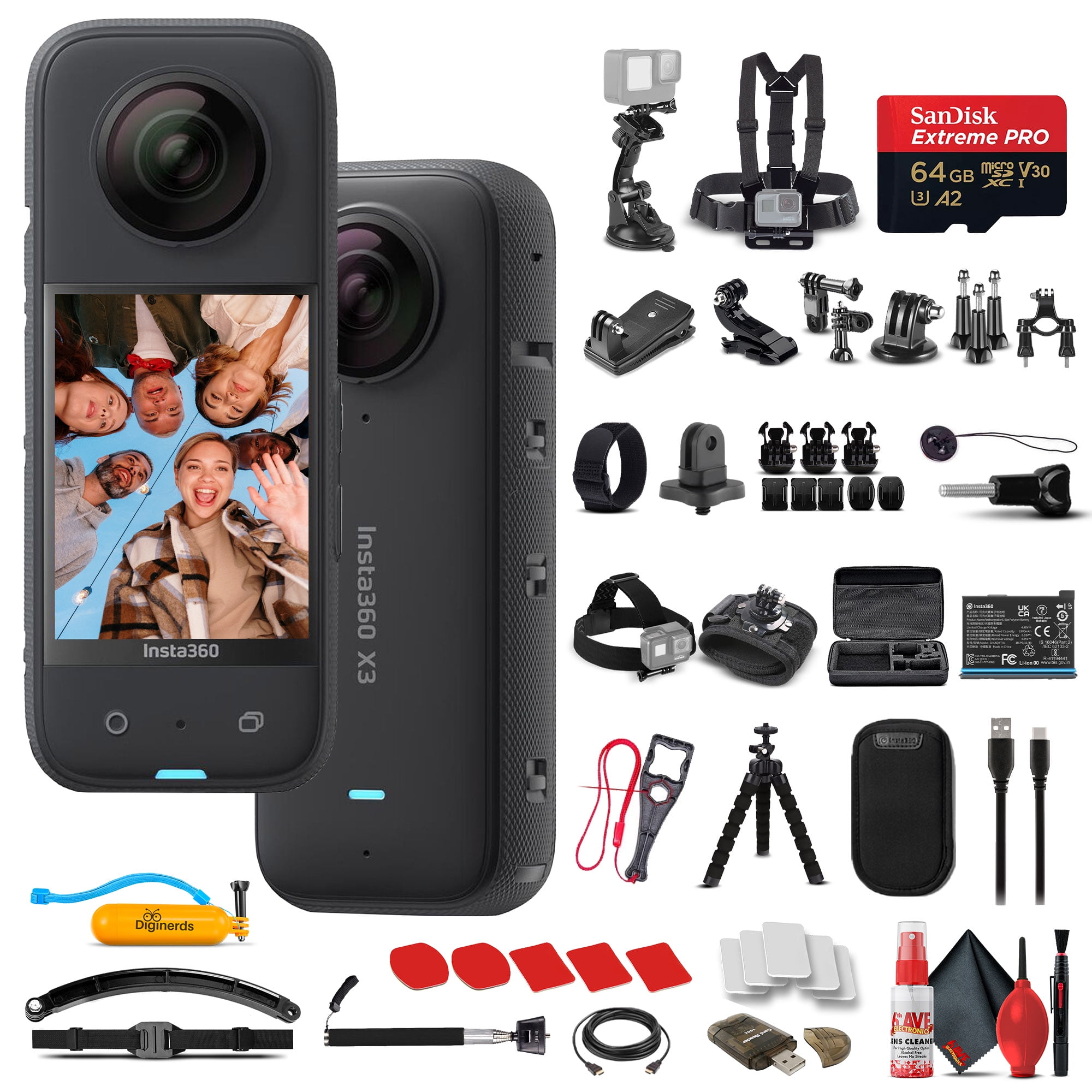 Insta360 X3 - Waterproof 360 Camera + 50-in-1 Accessory Kit + 64GB Card +  More 