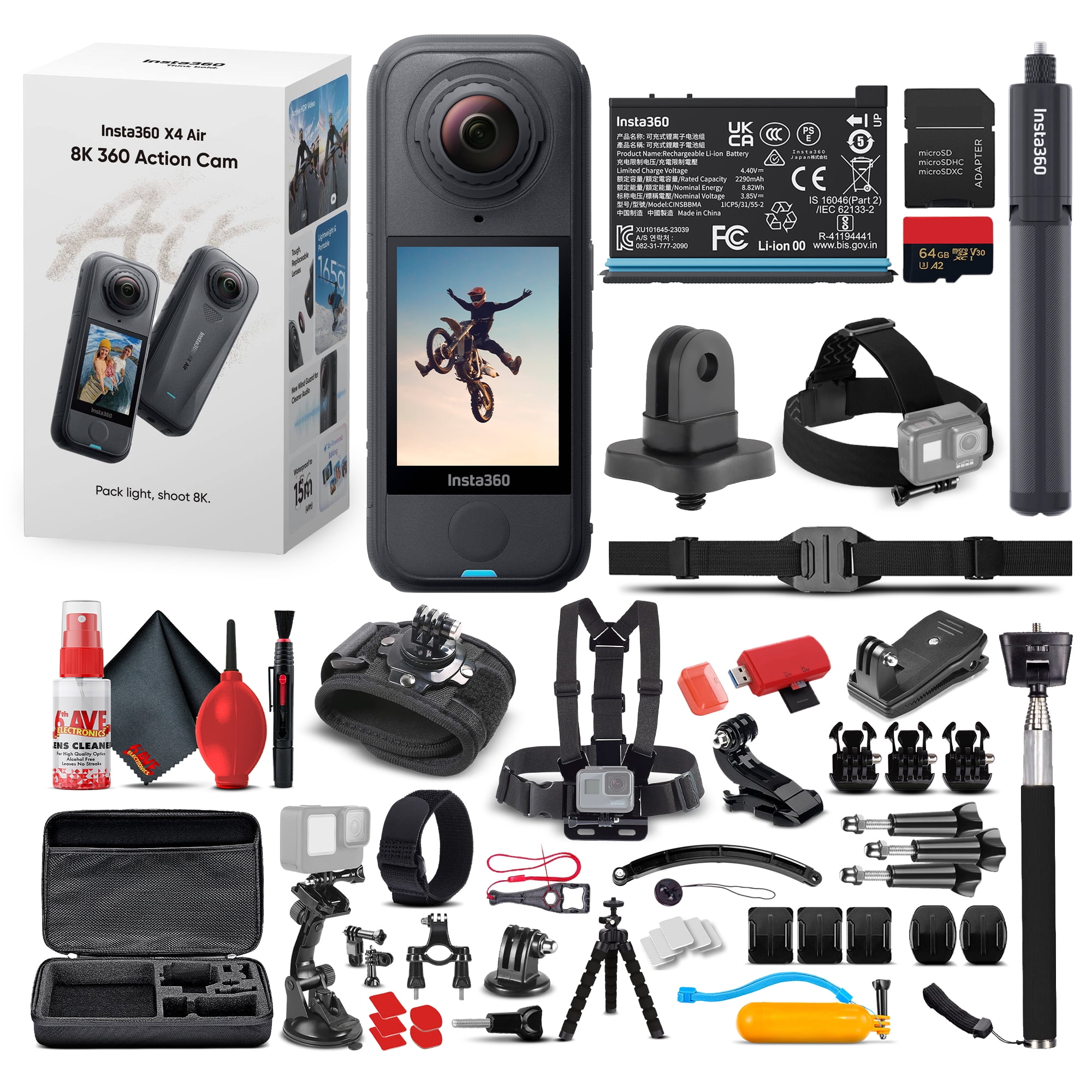 Insta360 X4 Air 360 Action Camera Standard Bundle | Lightweight Dual Lens Waterproof 8K | Stabilization System for Travel Cycling Vlogging Outdoor Sports + 50-in-1 Action Kit + Selfie Stick + More